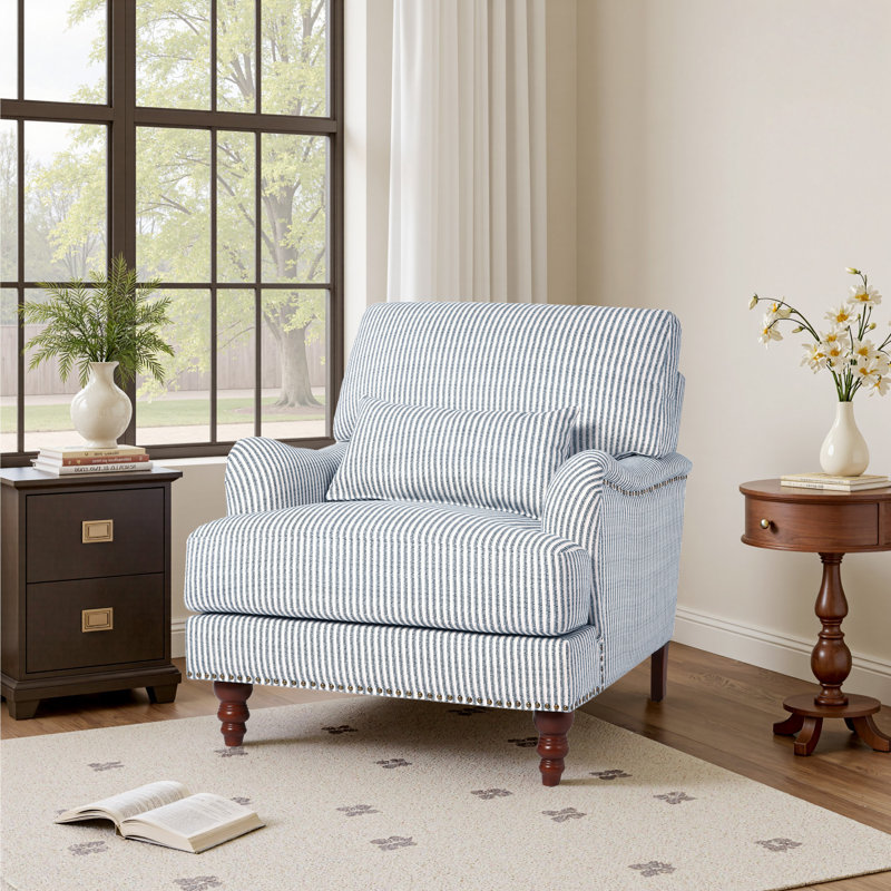 Fauteuil rembourré, Lin bleu à fines rayures