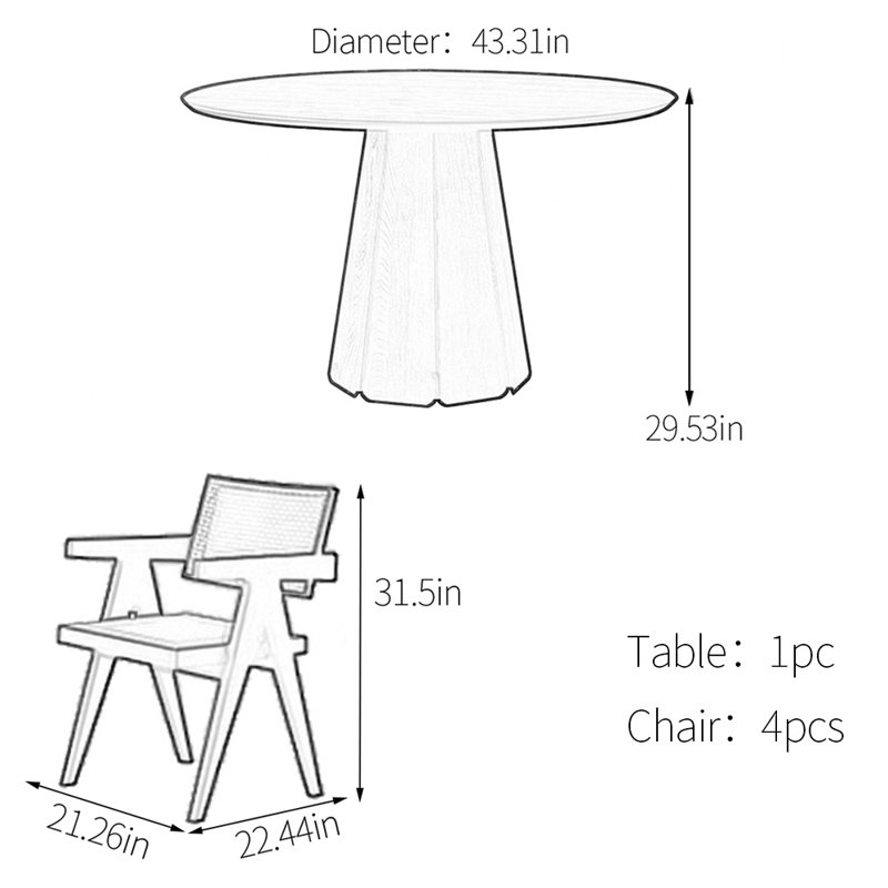Carbonized ash dining table set, 29.53"H x 43.31"L x 43.31"W
