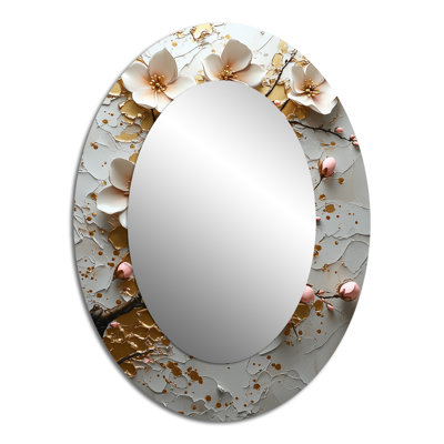 White Gold Cherry Blossom Blooms I - Large Oval Wall Mirror On Metal