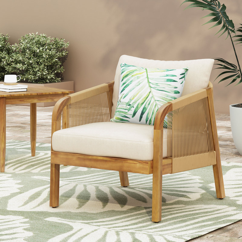 Joey Modern Acacia Wood Patio Chair with Wicker Accents and Cushions