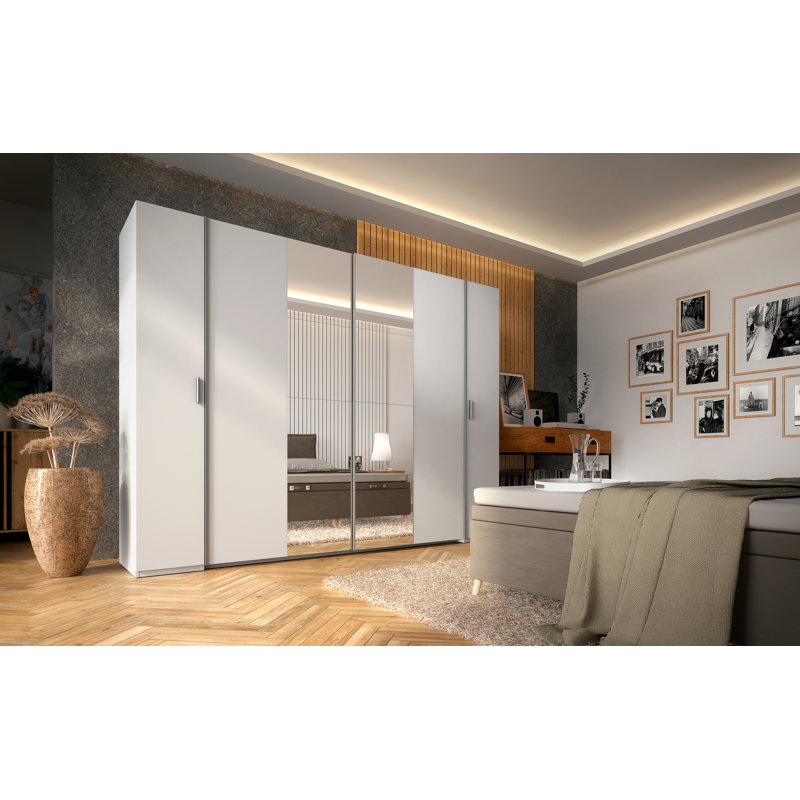 4-door wardrobe, white, with clothes rails, shelves and mirror, 207cm H x 269cm W x 61cm D