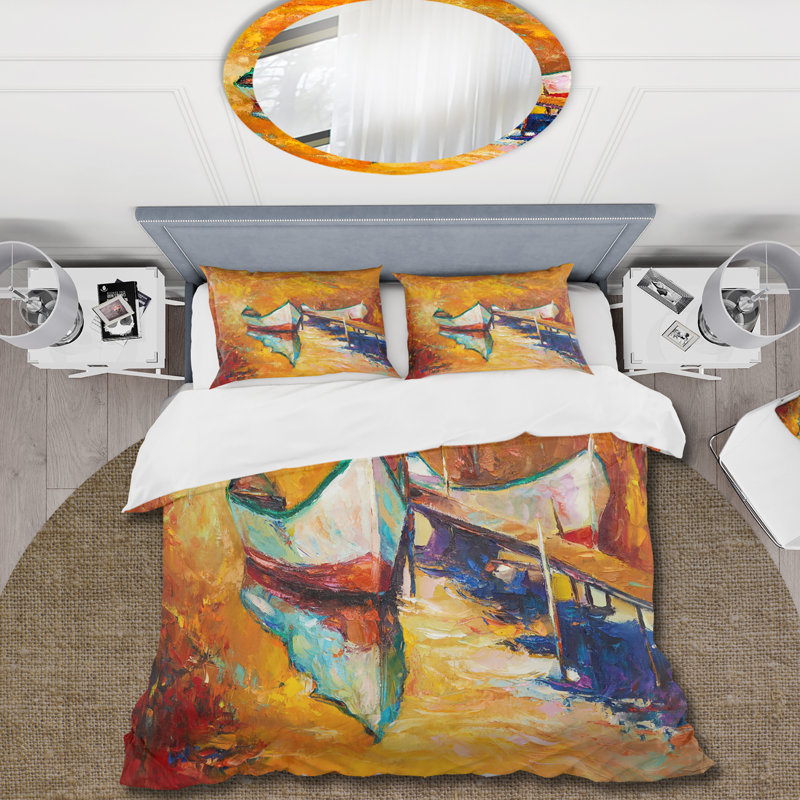 Petit bateau pendant un coucher de soleil chaud et orange - Ensemble de housse de couette nautique - Polyester en microfibre