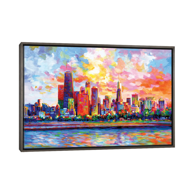 Horizon deChicago, Toile avec cadre flottant foncé en bois rustique, H 18 po x l 26 po x P 1,5 po