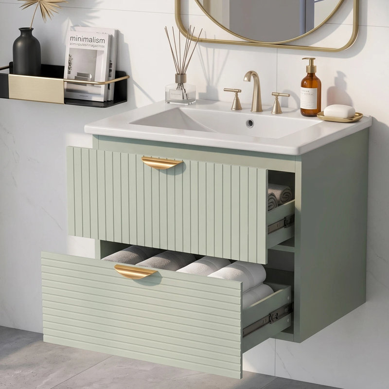 Ensemble de meuble-lavabo moderne à 2 tiroirs avec plateau en céramique, Vert