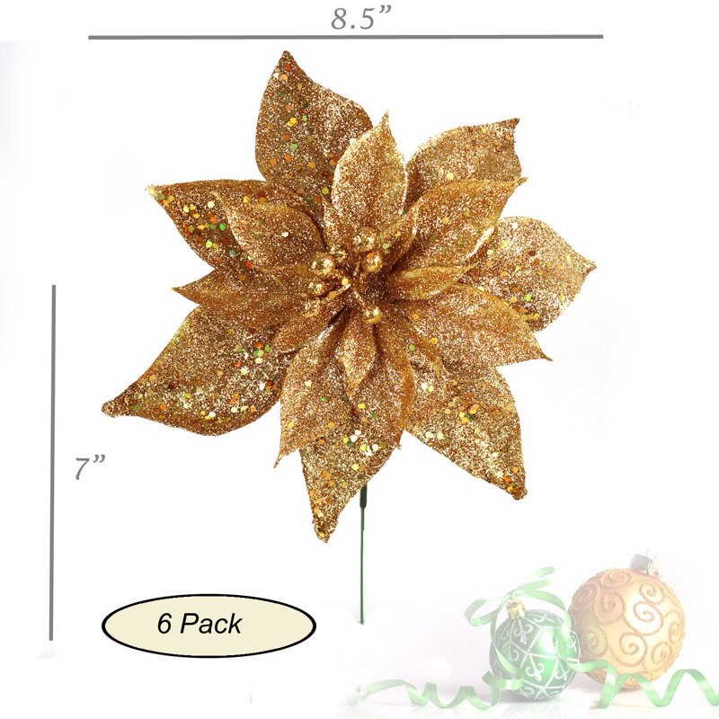 Or, poinsettia doré, 8,5 po, paillettes en plastique doré, intérieur et extérieur