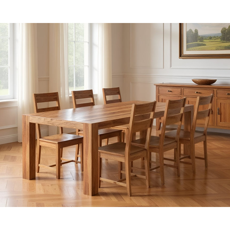 Seven Piece Brown Solid Wood Dining Set with Six Chairs