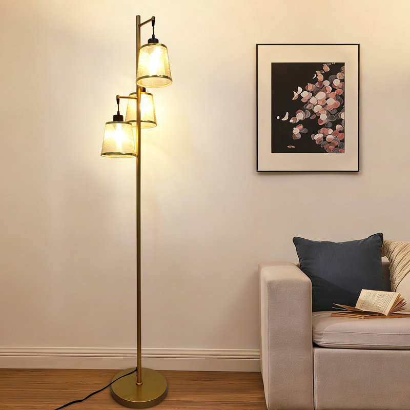 3-light Tree Floor Lamp, Dimmable Standing Lamp With Gold Metal Frame & Mesh Fabric Shades For Living Room, Bedroom (bulbs Included)
