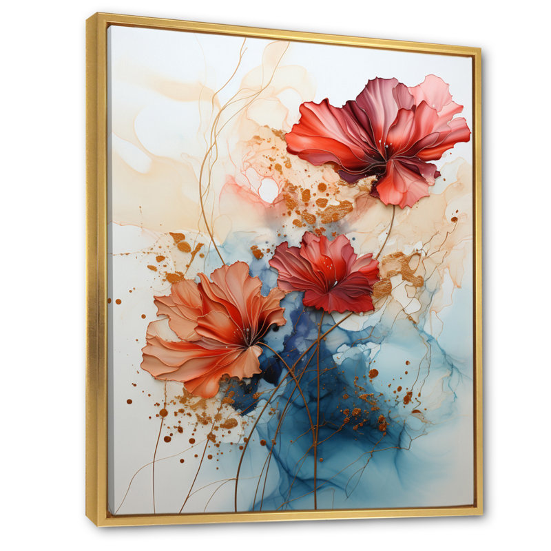 «Red Teal», art abstrait encadré de fractales, H 20 po x l 12 po x P 1 po, Cadre flottant doré