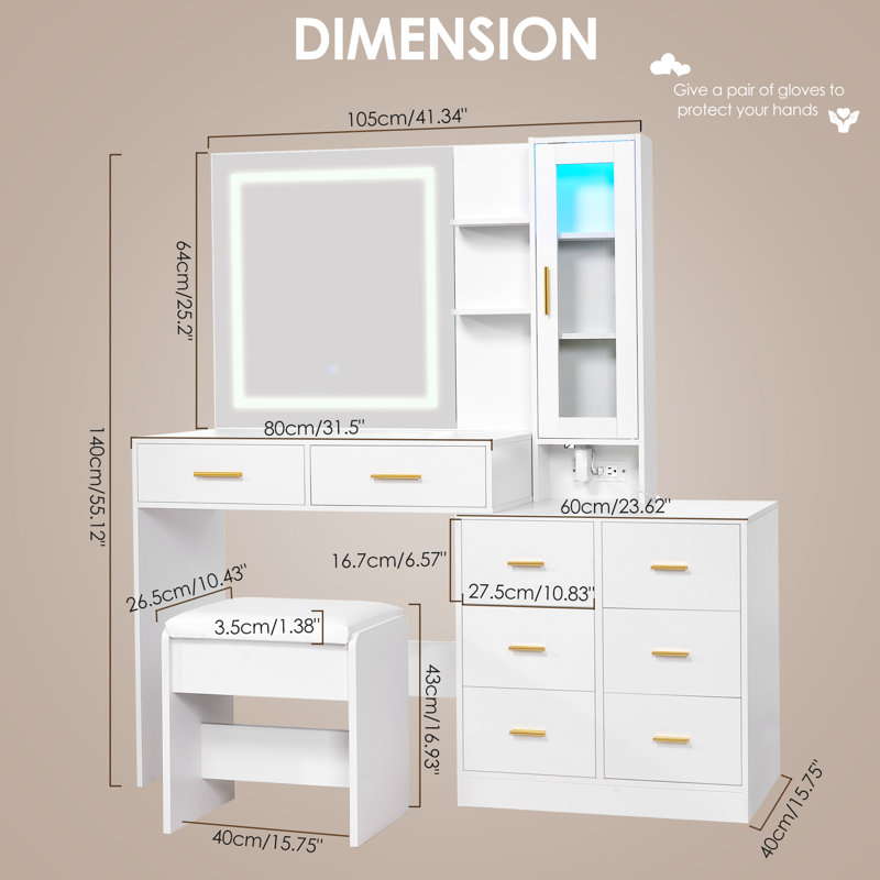 Adriel 51.8" Makeup Vanity With Lights And Mirror & Rgb Cabinets