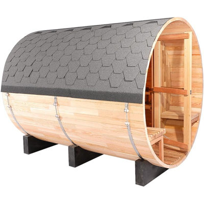 Barrel Steam Sauna Room with Panoramic View, Bitumen Roofing, Spruce Wood Outdoor Saunas with 6kw Electric Heater, Volcanic Rocks, 6-8 Person Sauna Bath for Garden Courtyard