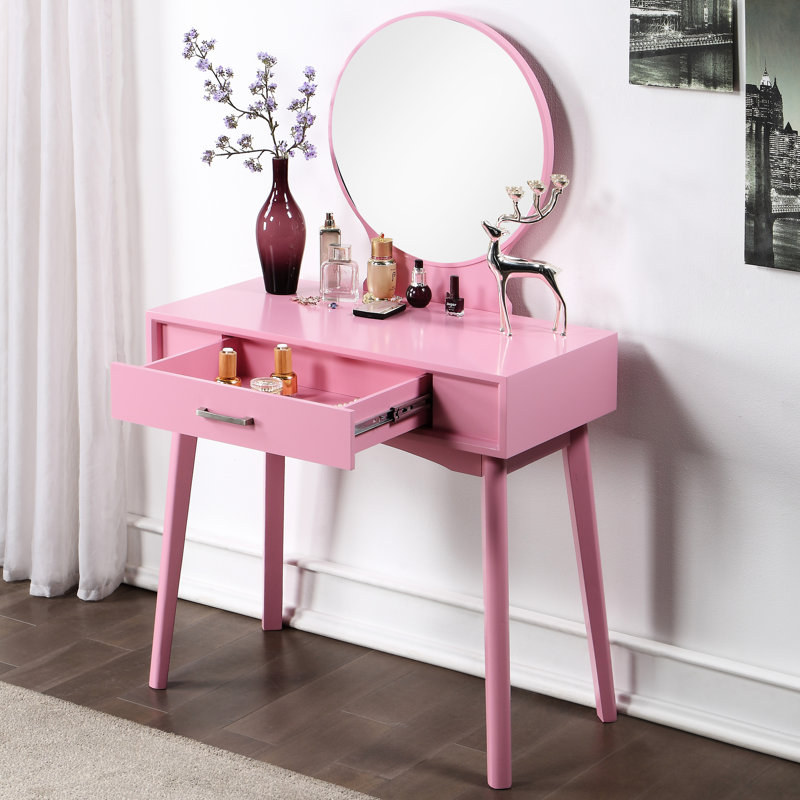Coiffeuse et tabouret en bois rose avec miroir de 19,7 po de diamètre et structure de siège confortable, Pink