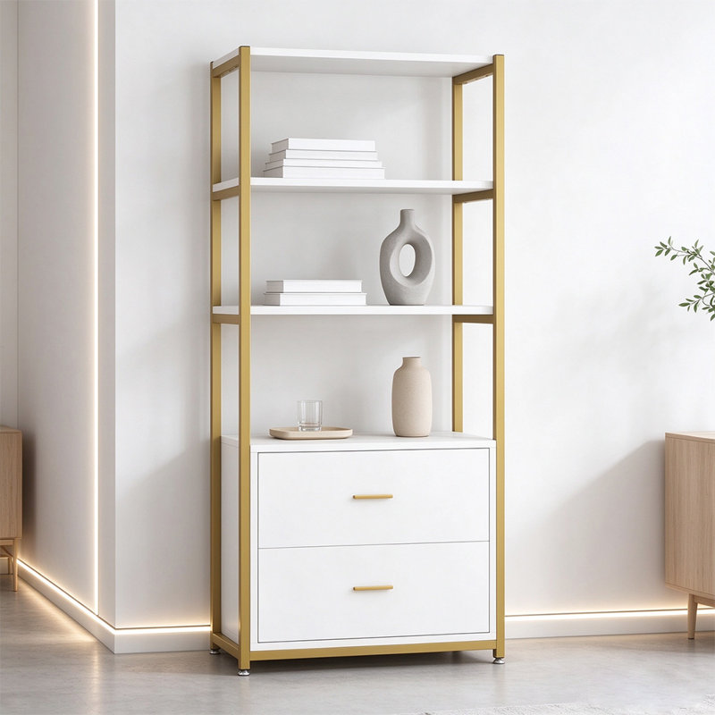 3-Tier Bookshelf with 2 Drawers, Large Storage Display Rack for Home Office, Blanc / Blanc
