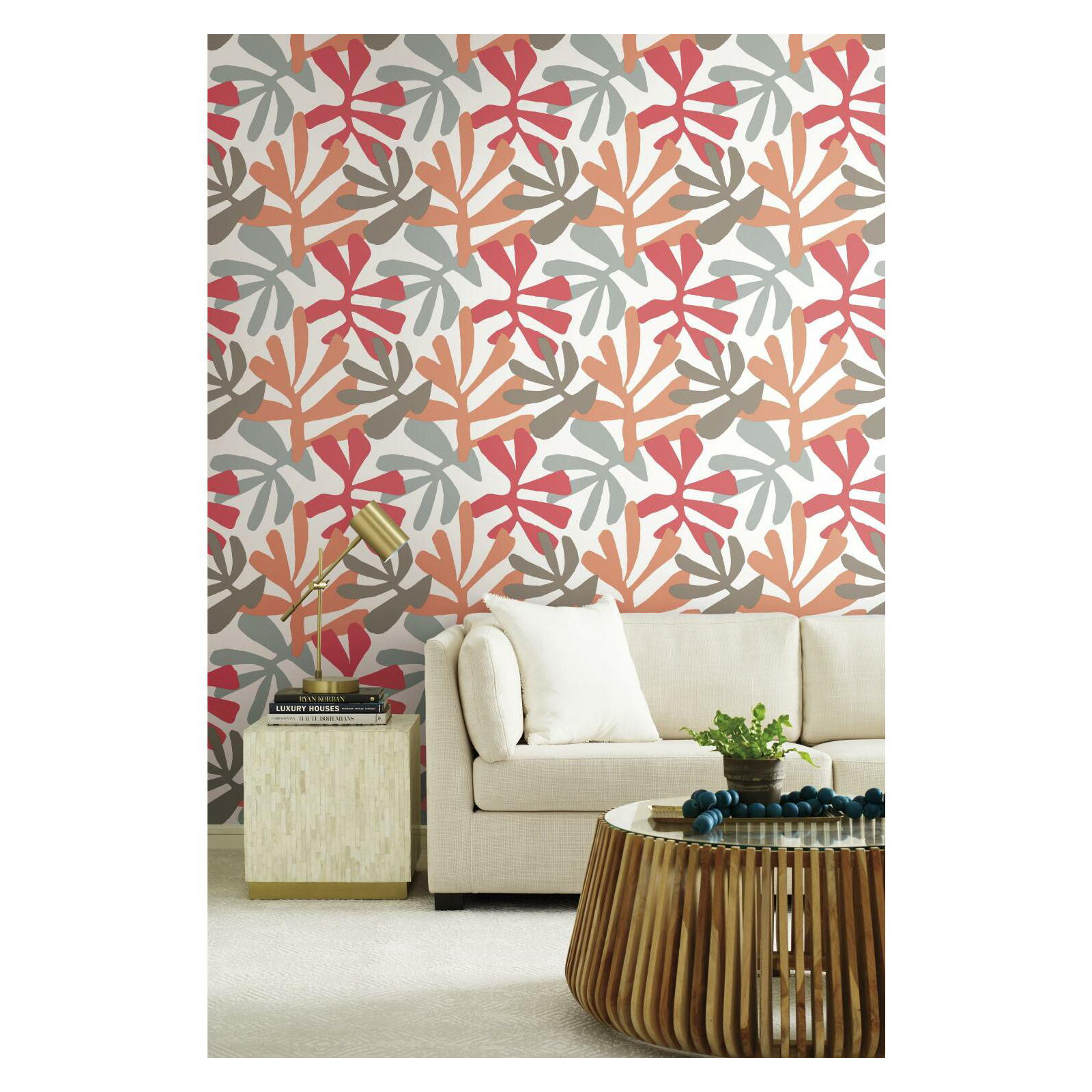 Peel & Stick Floral Wallpaper, Coral/Beige