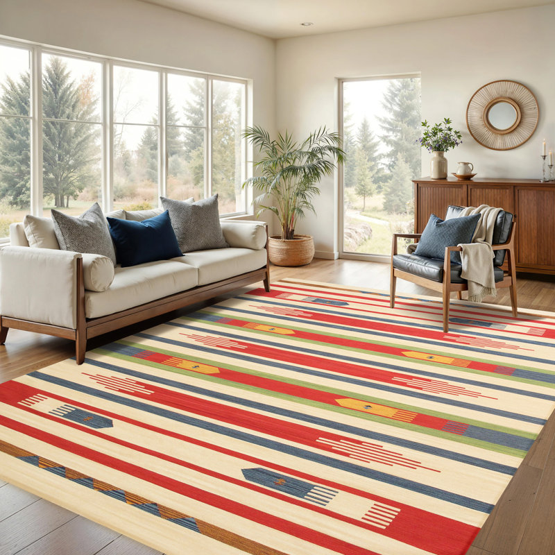 Tapis bleu / rouge / beige en coton tissé à plat Anatolian, Rectangle 5 pi x 8 pi