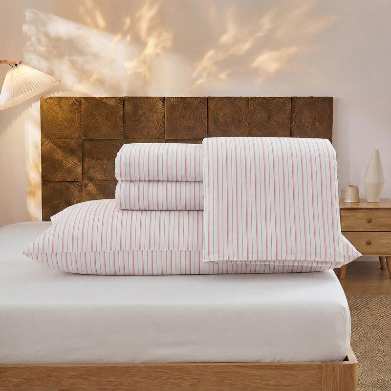 Classic Striped Sheet Set King Size, 100% Cotton Bedding Sheet 4 Pieces, Soft Breathable Percale Weave, Deep Pocket Sheet 17.5", Luxury Linen Like, Farmhouse Style