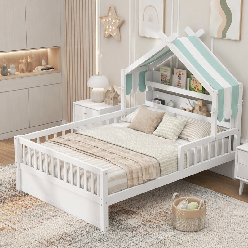 Lit double en bois avec tête de lit, Double, Blanc, Étagères