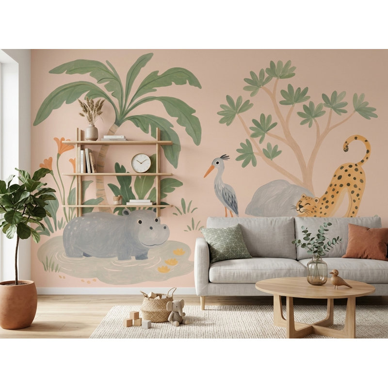 Adhésif mural animaux de la jungle vert, 160 po x 108 po, Texturé non collé