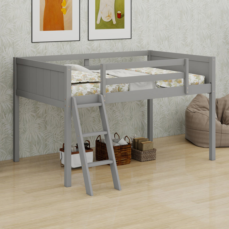 Lit mezzanine en bois avec structure en bois robuste avec échelle, peut être placé à gauche ou à droite, Gris