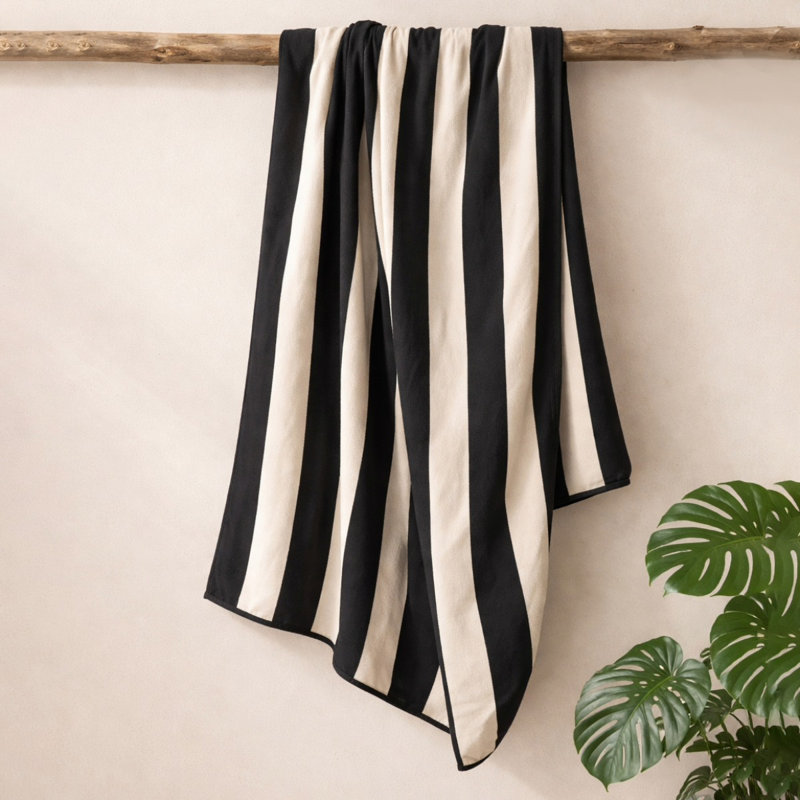 Organic Cotton Striped Beach Towel, Black/Cream Striped