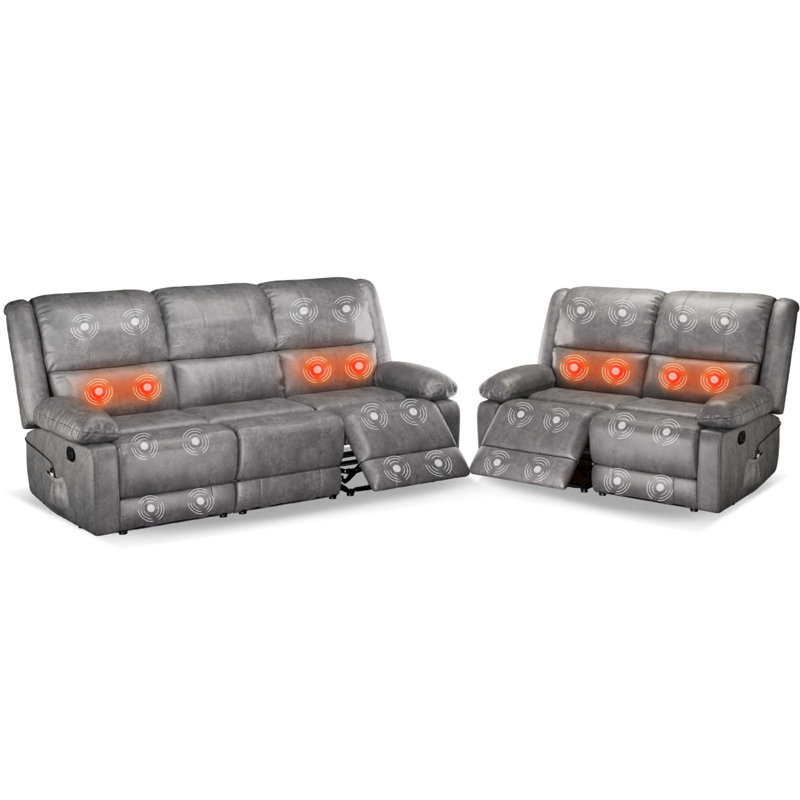 Ensemble de canapé inclinable, 2 fauteuils manuels en cuir pour le salon, fonction de massage et de chaleur, sièges de salon de style théâtre avec poches latérales, porte-gobelets