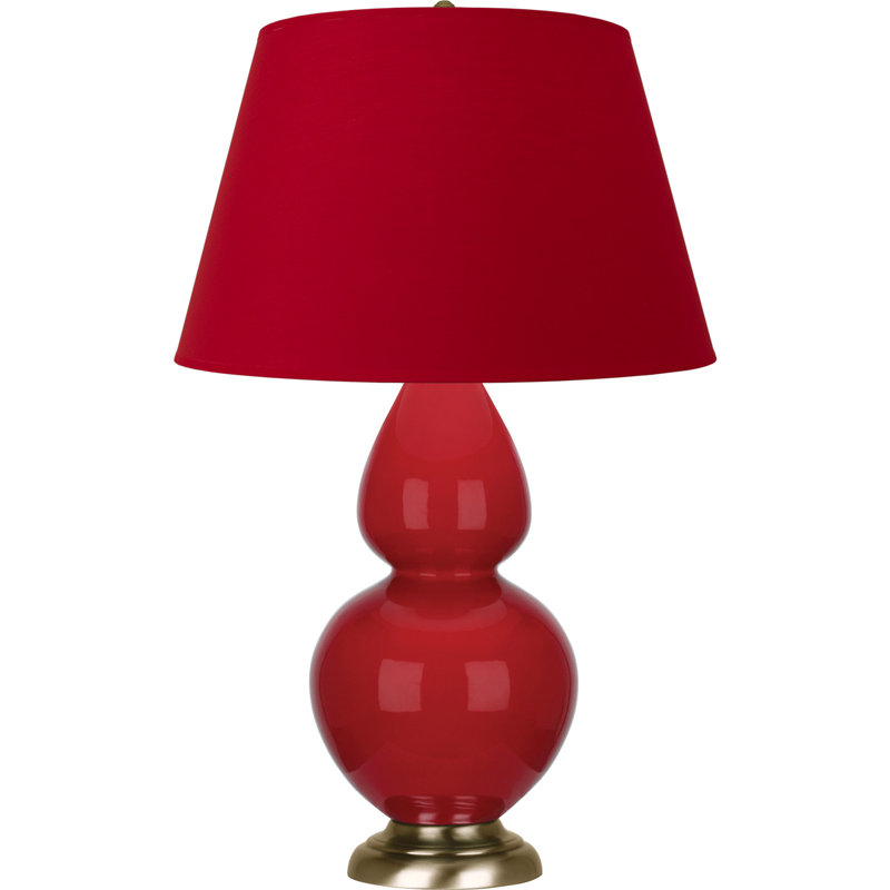 Lampe de table double gourde en céramique, Rouge rubis verni / laiton, Blanc cassé, Laiton