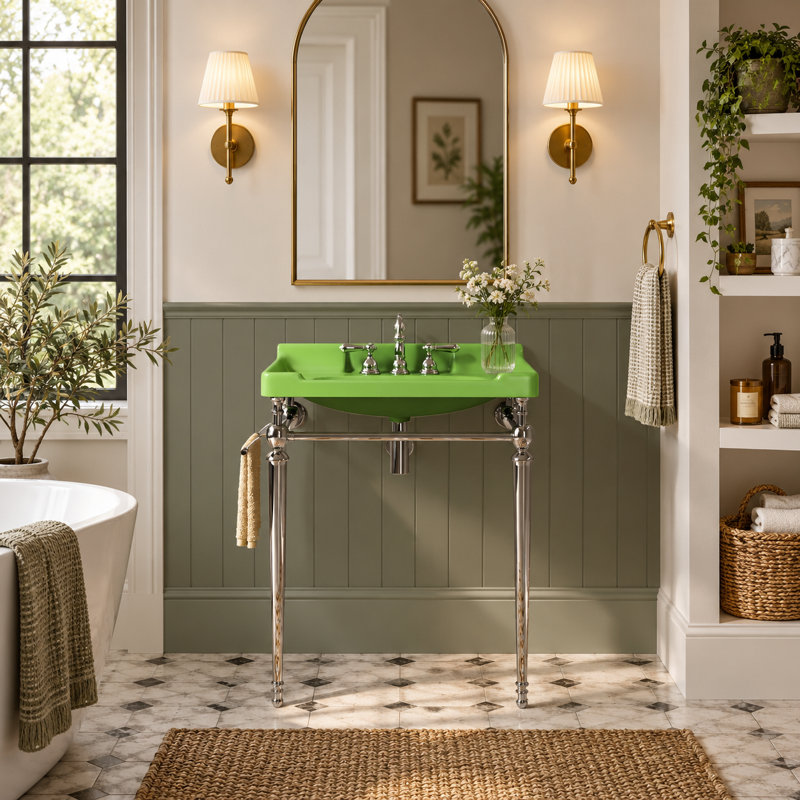 Meuble-lavabo console en céramique de 71 cm (28 po) avec support en métal et barre porte-serviettes, Argent, 28", Vert