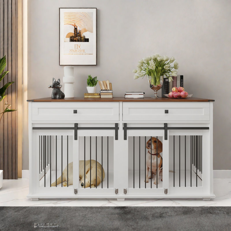 Grande cage double pour chien avec 2 tiroirs, séparateur central amovible, porte coulissante et tube en fer