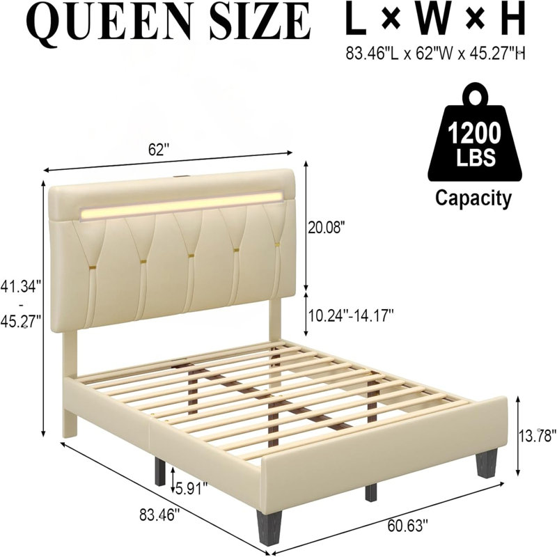 Structure de lit avec lumière DEL et station de charge, structure de lit tapissier avec tête de lit réglable / support à lattes en bois, aucun sommier nécessaire / silencieux