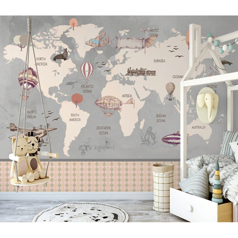 Papier peint amovible gris avec carte du monde moderne, L 98,04 po x l 150 po