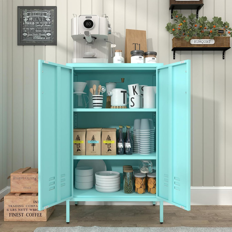 Armoire de rangement en métal, armoire d'appoint à 2 portes, armoire avec tablettes réglables, armoires-vestiaires avec pieds pour le salon, garde-manger, bureau, bleu
