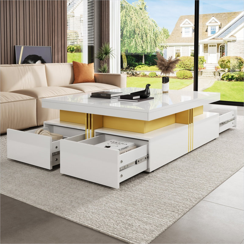 Table basse carrée avec tiroirs de rangement en panneau de fibres à densité moyenne, blanc éclatant, table de salon de 43,3 pouces de largeur