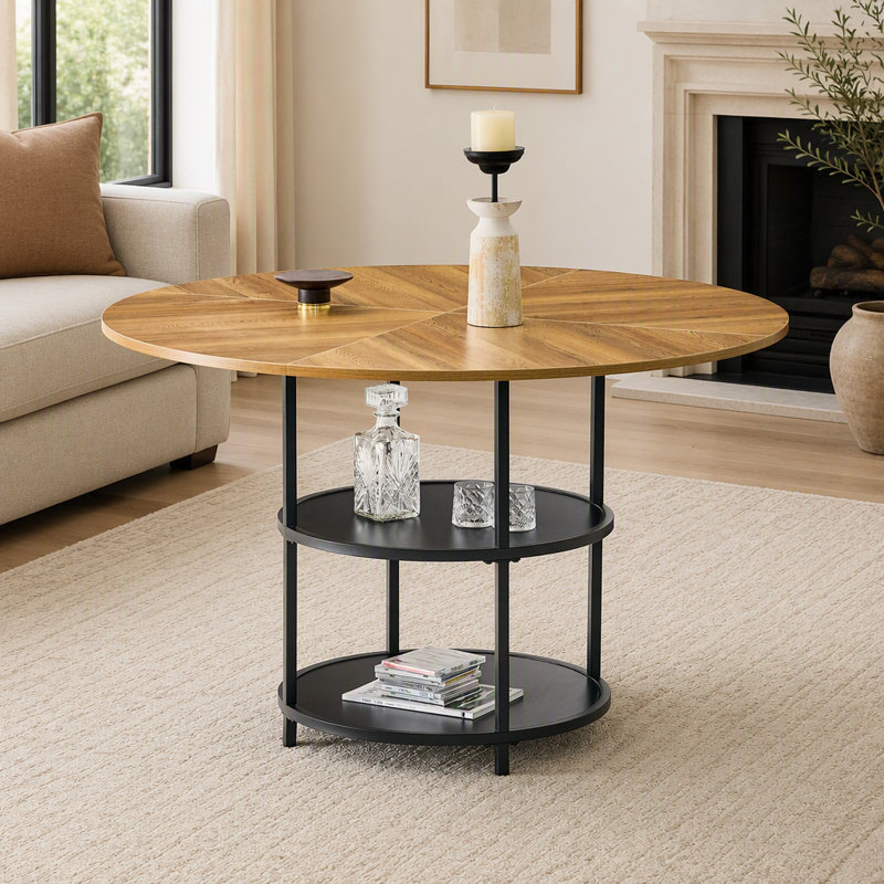 Table de salle à manger ronde moderne de 120 cm (47,3 pouces) avec double rangement, design en bois et noir en forme d'éventail pour une utilisation esthétique et pratique à la maison