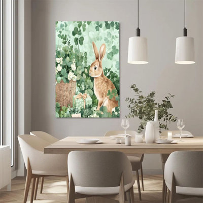 2D Flat, 1Pc Framed Canvas Wall Art, Easter Bunny, Shamrock and Gift Basket, Watercolor Realistic Style Art Print Canvas Poster Painting Room Wall Dec