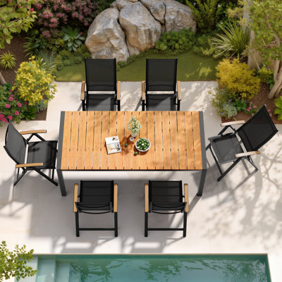 6 - Person Rectangular Aluminum Outdoor Dining Set with Umbrella Hole and Folded Reclining Armchairs