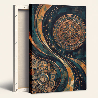 Copper And Teal Geometric Spiral Circles Canvas Wall Art
