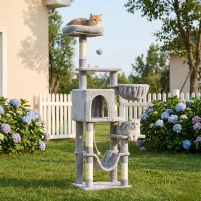 Arbre à chat avec grand hamac, tour de chat à plusieurs niveaux pour chats d'intérieur, maisonnette pour chat, poteaux à griffes recouverts de sisal, perchoir supérieur, gris clair