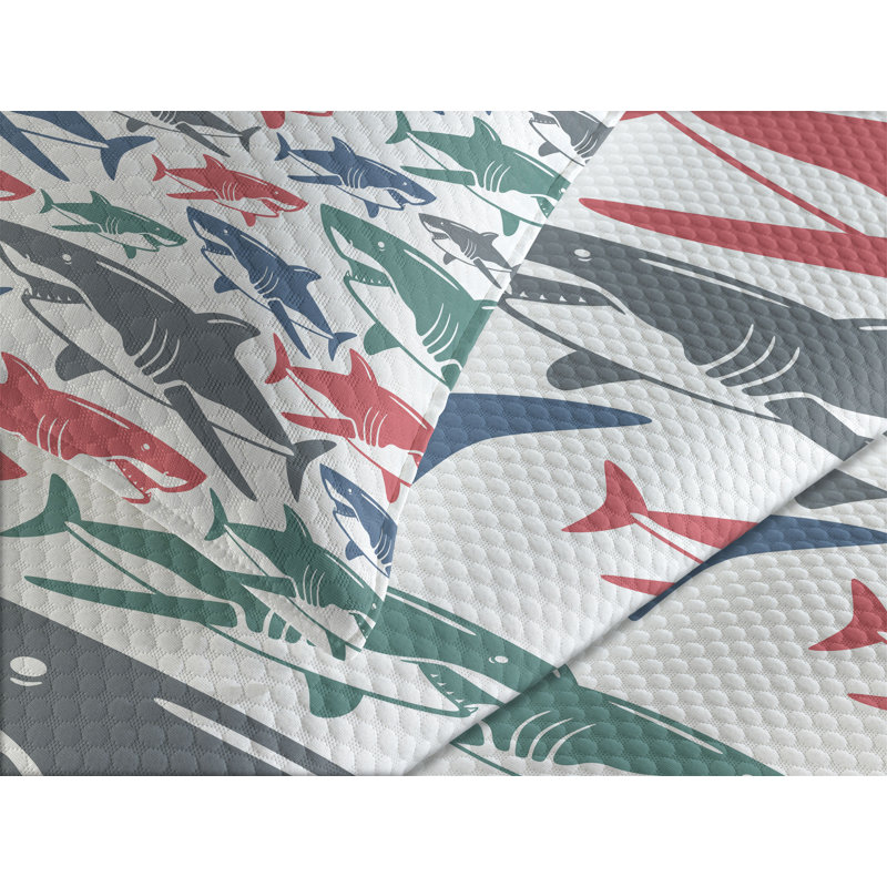Ambesonne Fish Bedspread Set Colorful Shark Patterns Multicolor, King Coverlet / Bedspread + 2 Standard Shams