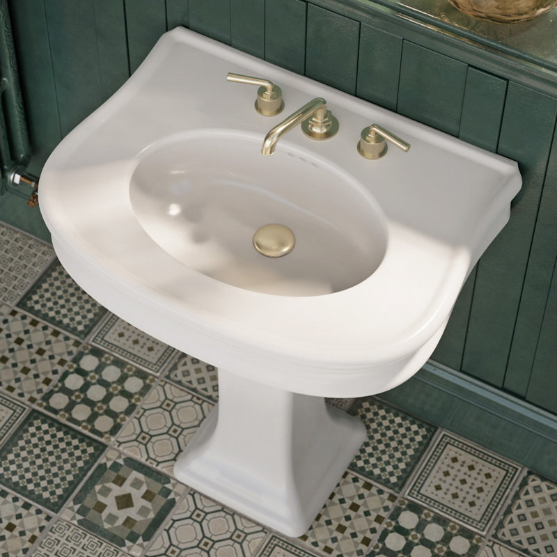 Isabella 34" White Ceramic Rectangular Pedestal Bathroom Sink with Overflow, 8" Centers