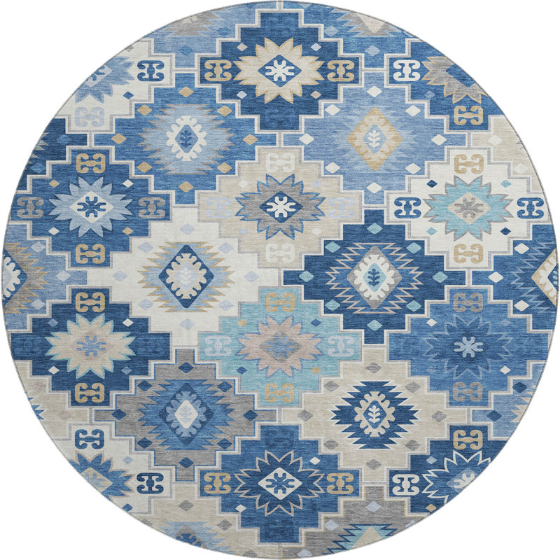 Premium Machine Washable Mayfield  Ethnic Rug, Blue, 8' Round