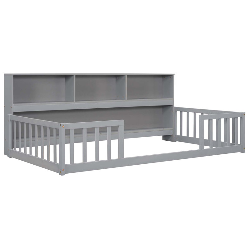 Full Floor Bed With Side Bookcase,Shelves,Guardrails, Gray, Twin