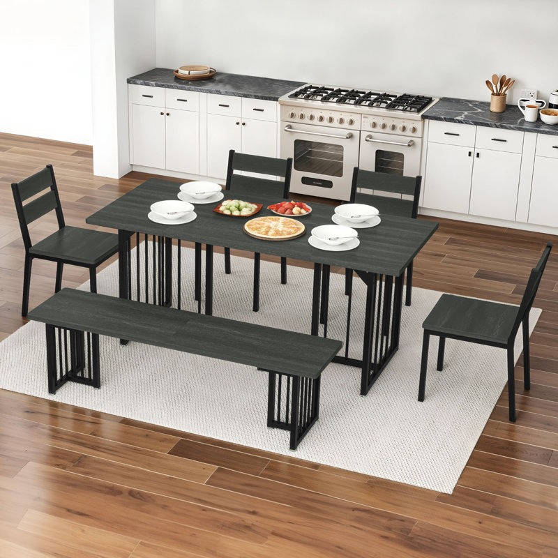 Classic Style Dining Set Complete with 1 Bench and 4 Chairs, Gray