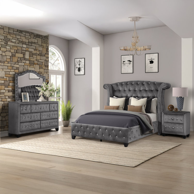 Rausch 4 Piece Bedroom Set, Queen, Gray, 4 Pcs: Bed, Nightstand, Mirror, Dresser