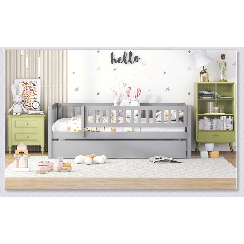 Wood Daybed With Trundle And Fence Guardrails, Gray, Twin