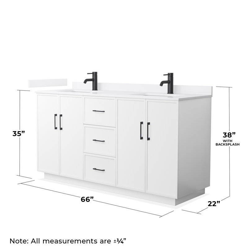 Ensemble de meuble-lavabo double autoportant 66 po avec plateau en quartz Elan TK, Quartz blanc, Blanc, Noir mat