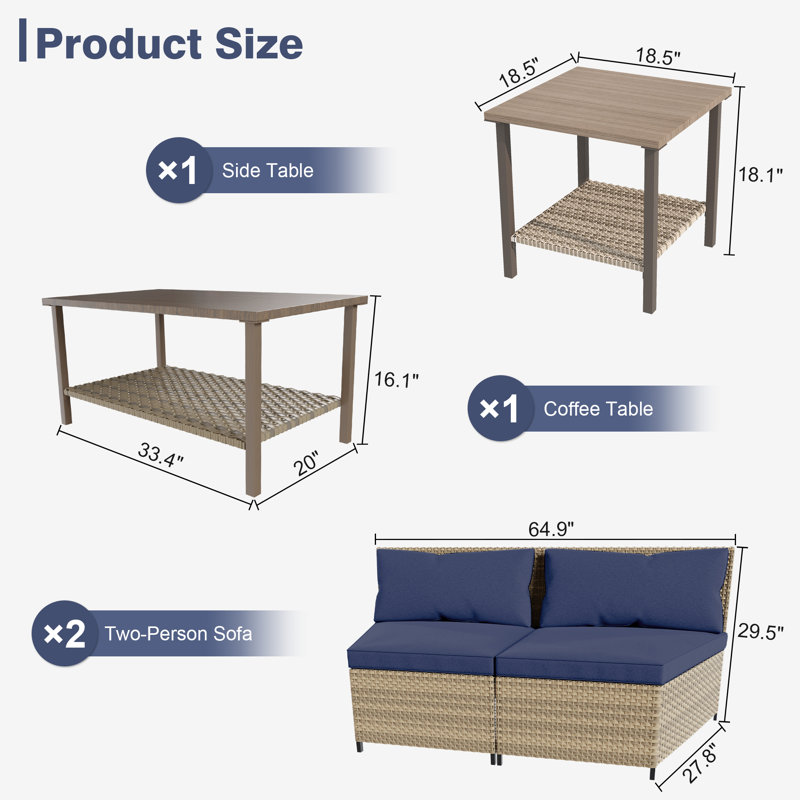 Ensemble de conversation modulaire 4 pièces avec coussins, Bleu