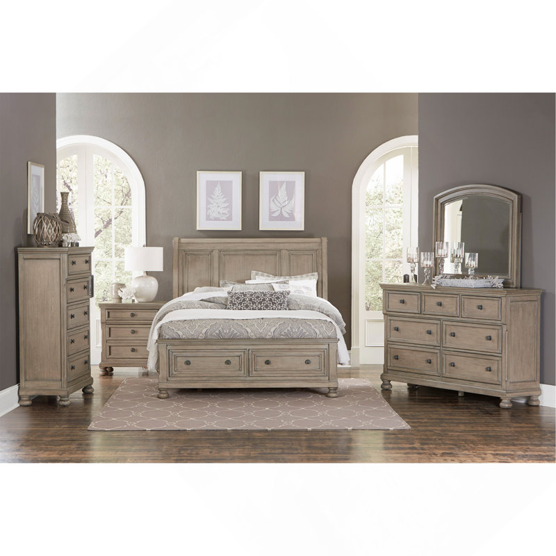 Table de chevet transitionnelle pour chambre à coucher avec tiroir caché et finition grise brossée avec placage en bouleau et table de chevet