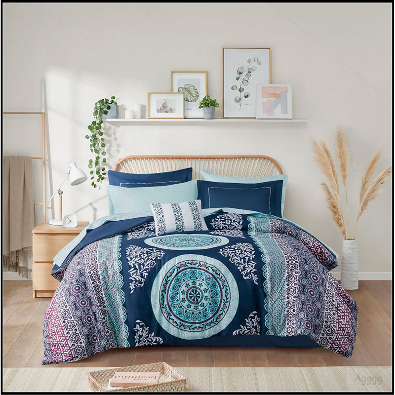 Ensemble d'édredon simple avec draps, Édredon lit simple + 6 pièces incluses, Bleu marine abstrait