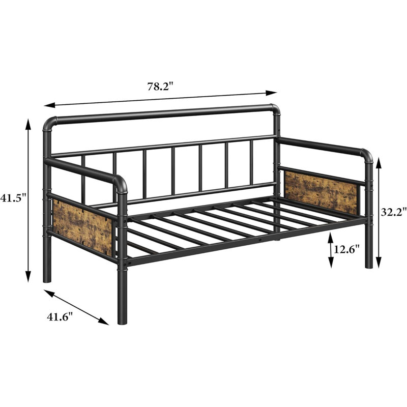 Metal Daybed Heavy Duty Black Pipe Frame with Convertible Trundle Twin Size Daybed for Small Spaces (Sand Black), Black