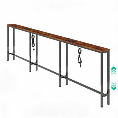 Table console extra-longue et étroite pour canapé ou entrée - Hauteur réglable de 61,5 à 89,5 cm - Couleur : Brun rustique - Dimensions : 280 × 15 × 61,5–89,5 cm