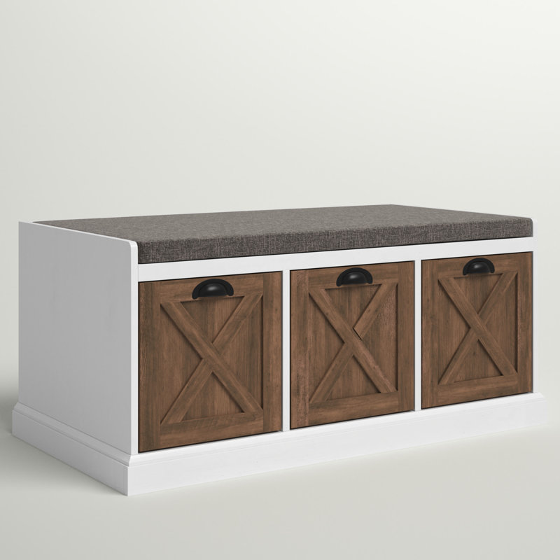 Kenia Linen Upholstered Storage Bench, White/Reclaimed Barnwood/Gray